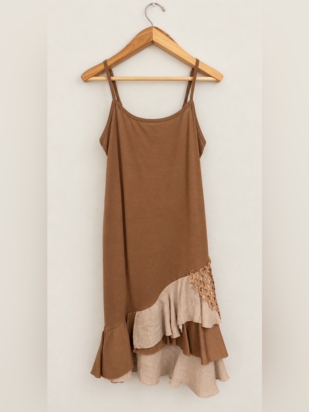 Pretty Angel Lagenlook Fairygrunge Boho Ruffle Hem Linen Tank Dress Taupe Size L